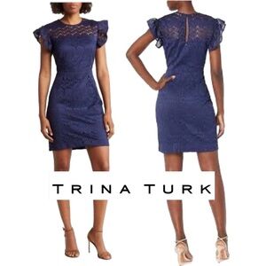 TRINA TURK Mai-Tai Ruffle-Sleeve Lace Sheath Dress in Navy Blue Size 10